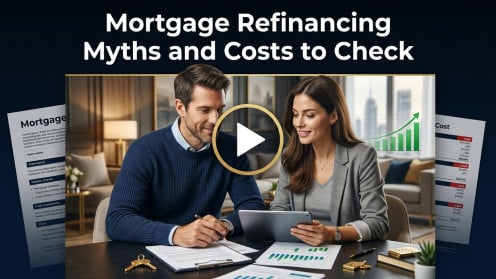 Couple discussing mortgage refinancing options at table.