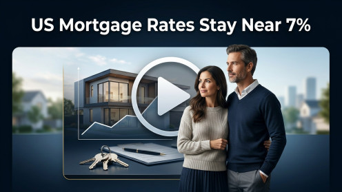 Couple by house, mortgage rates near 7%.